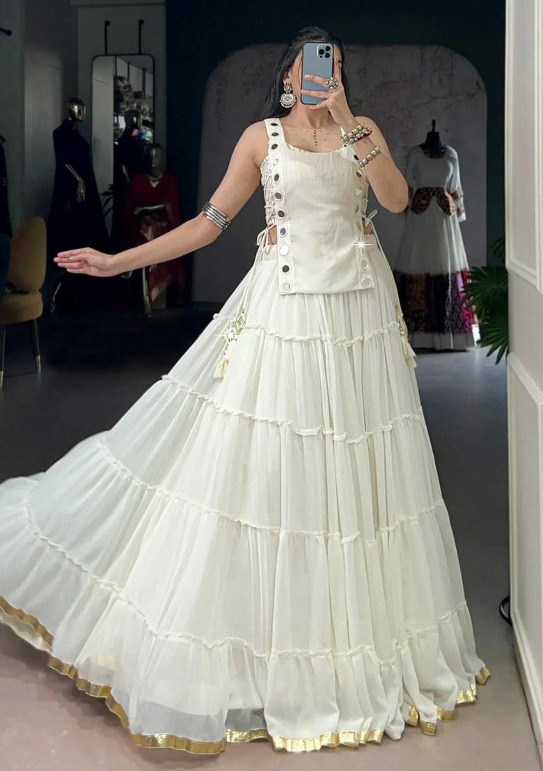White Mirror Work Chiffon Lehenga Set - Indya