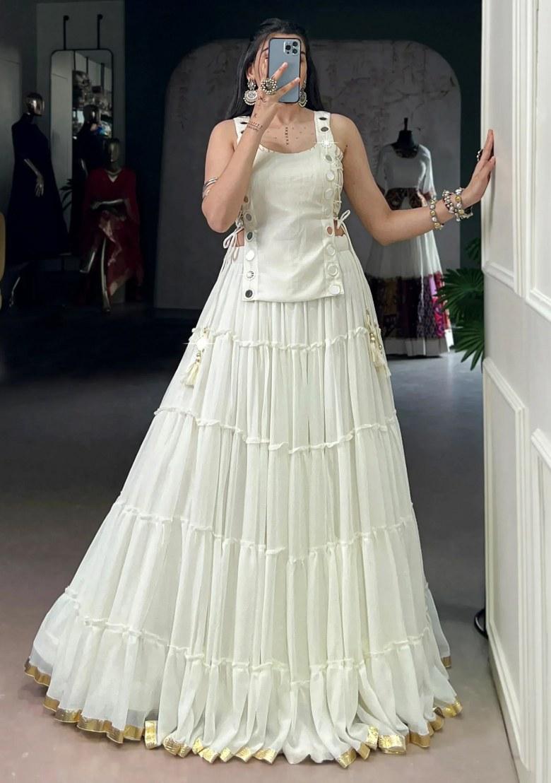 White Mirror Work Chiffon Lehenga Set - Indya