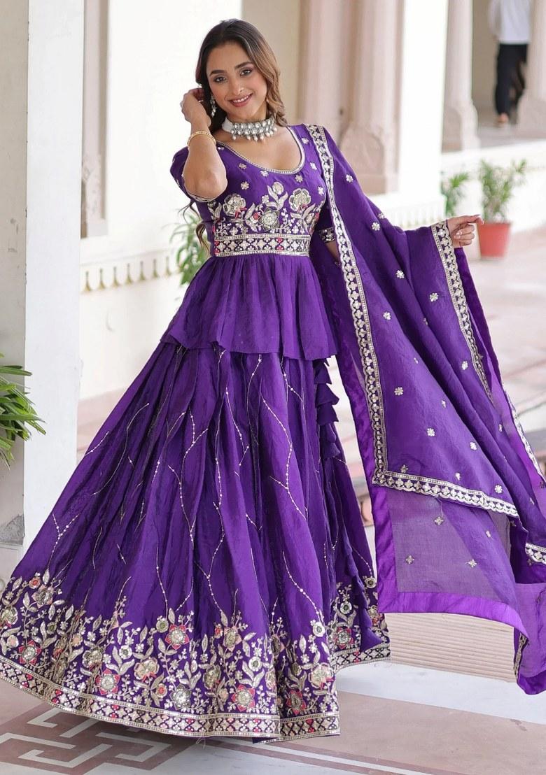 Purple Zari Work Organza Lehenga Set - Indya