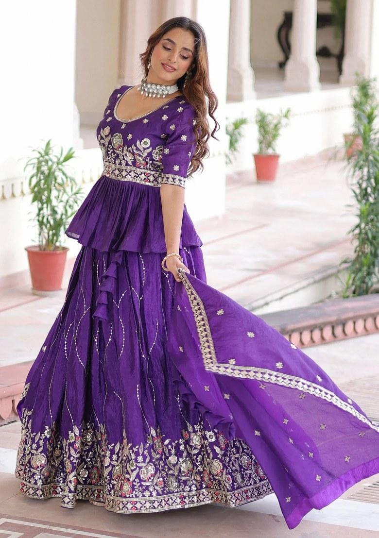 Purple Zari Work Organza Lehenga Set - Indya