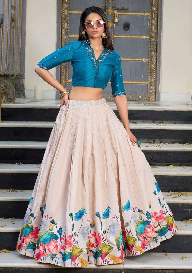 Cream Printed Silk Lehenga Set - Indya