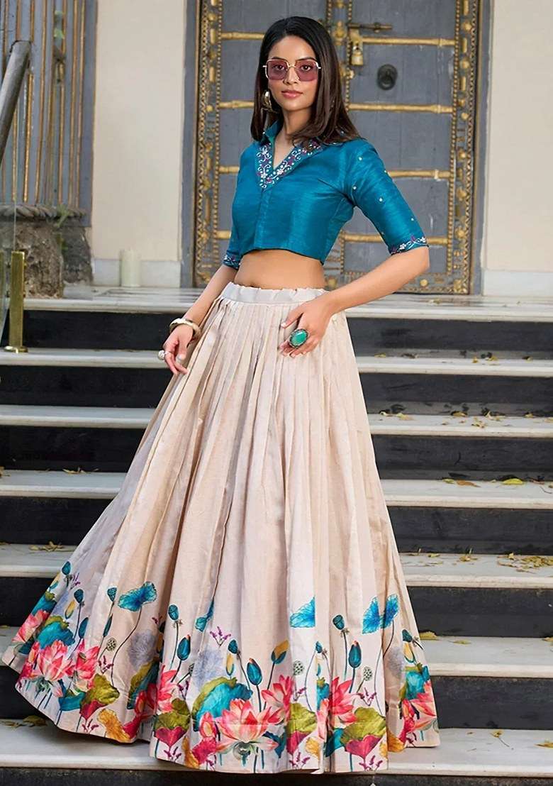 Cream Printed Silk Lehenga Set - Indya