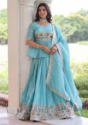 Blue Embroidered Silk Lehenga Set
