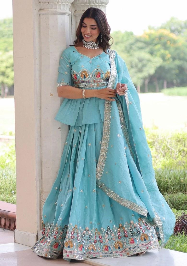 Blue Embroidered Silk Lehenga Set - Indya