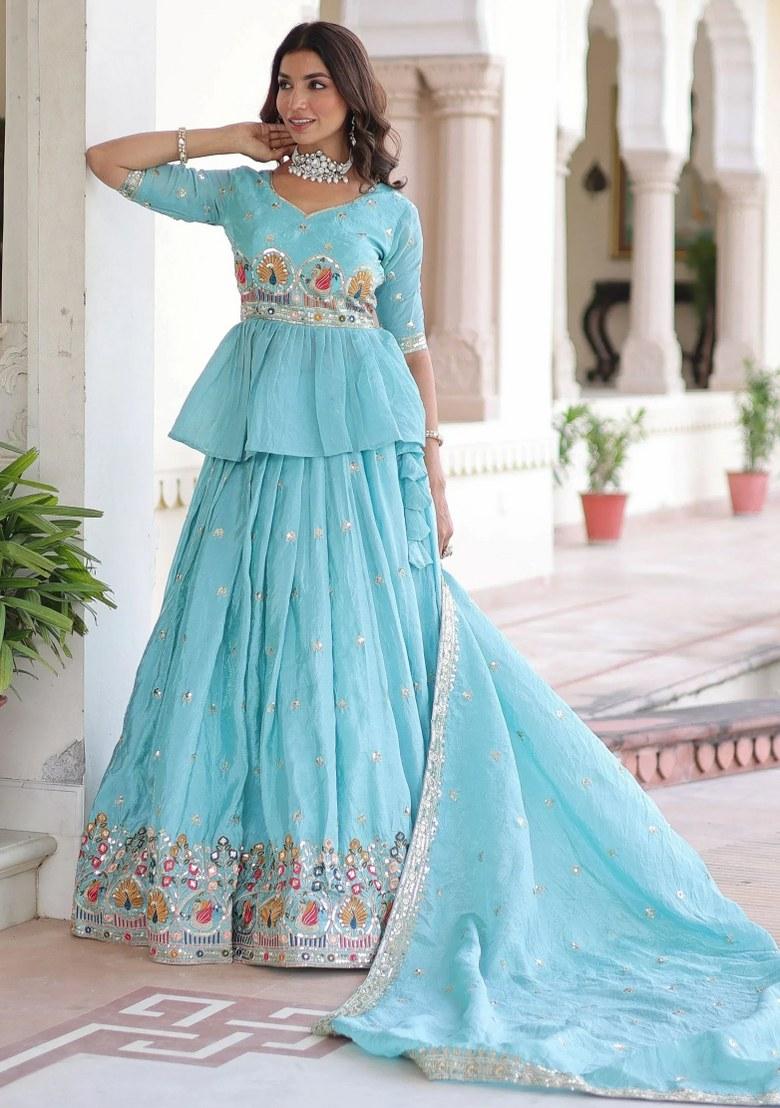 Blue Embroidered Silk Lehenga Set - Indya