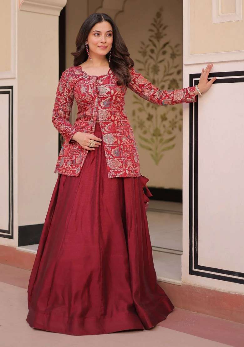 Maroon Zari Work Silk Lehenga Set - Indya