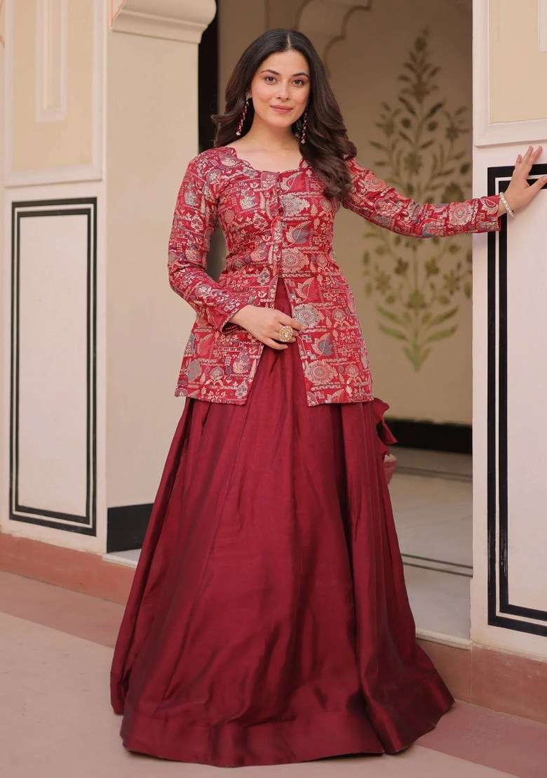 Maroon Zari Work Silk Lehenga Set - Indya