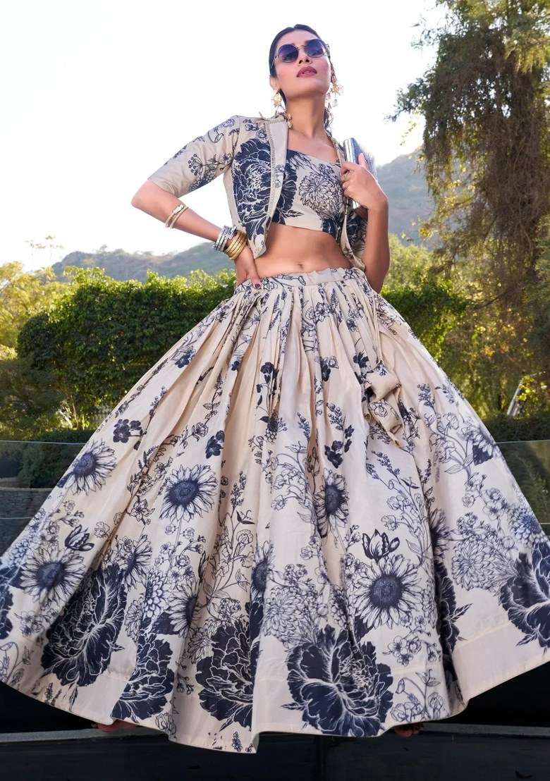 Cream Printed Silk Lehenga Set - Indya