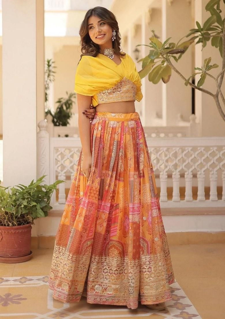 Yellow Embroidered Silk Lehenga Set - Indya