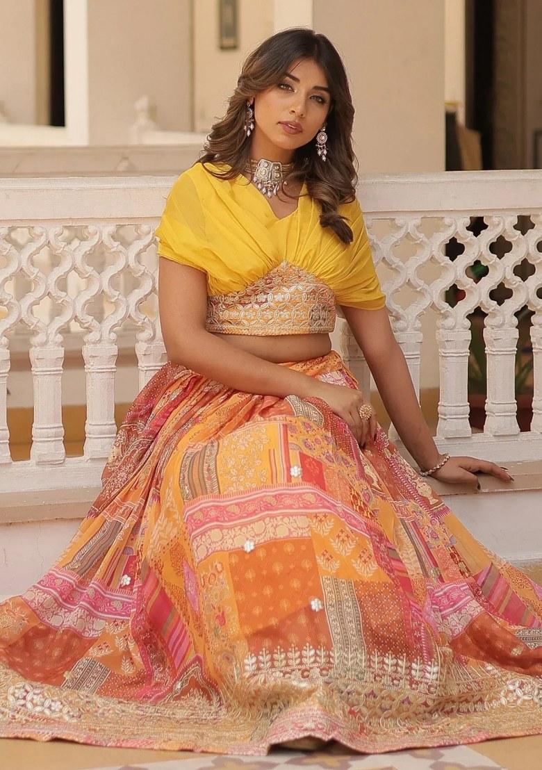 Yellow Embroidered Silk Lehenga Set - Indya