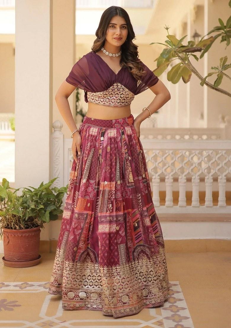 Purple Embroidered Silk Lehenga Set - Indya