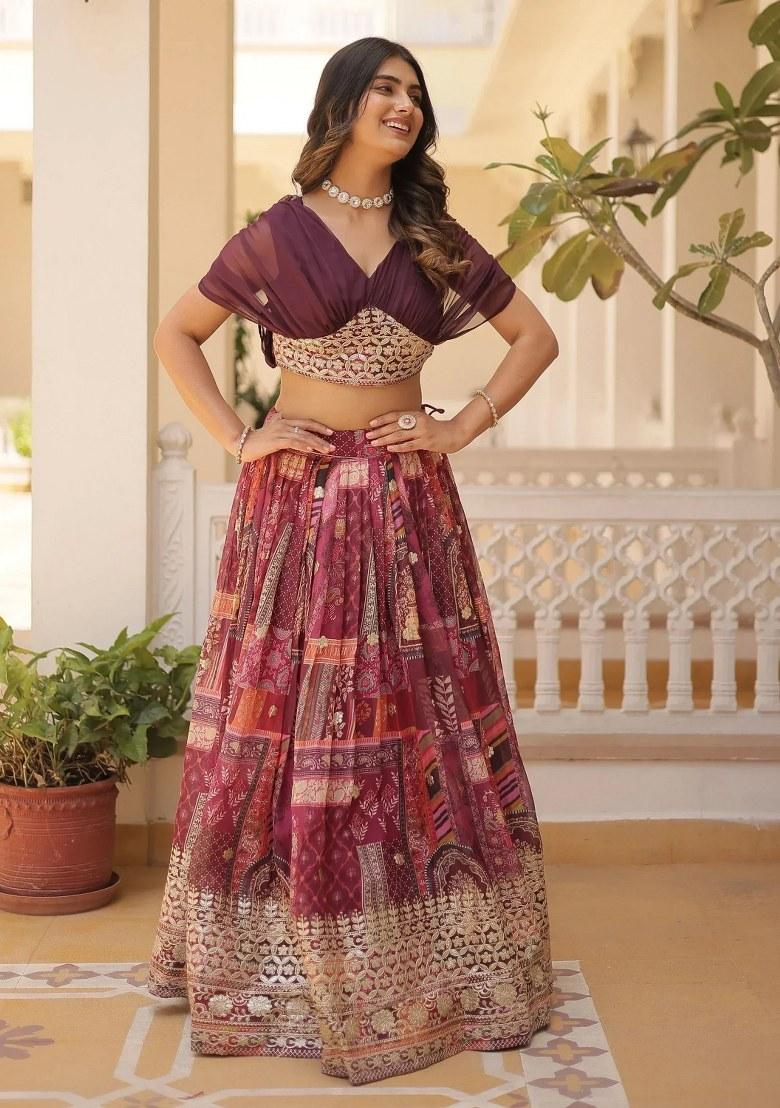 Purple Embroidered Silk Lehenga Set - Indya