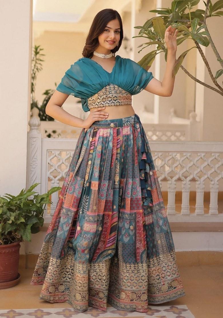 Blue Embroidered Silk Lehenga Set - Indya