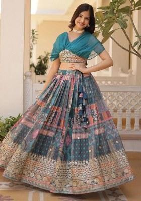 Blue Embroidered Silk Lehenga Set