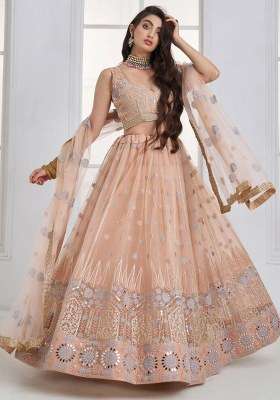 Peach Net Lehenga Set with Embroidered for Diwali | Wedding & Festive Wear