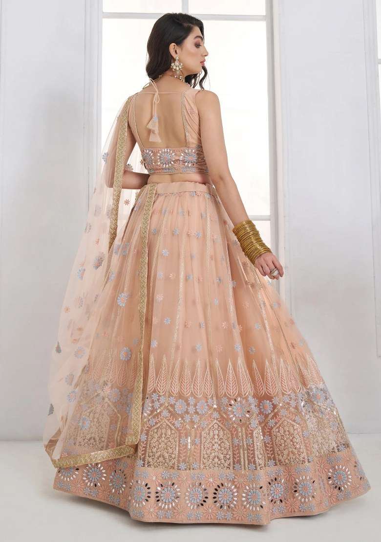 Peach Net Lehenga Set with Embroidered for Diwali | Wedding & Festive Wear - Indya
