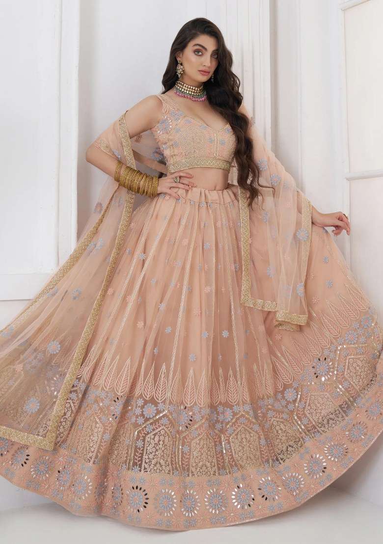 Peach Embroidered Net Lehenga Set - Indya