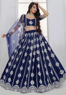 Navy Blue Embroidered Net Lehenga Set