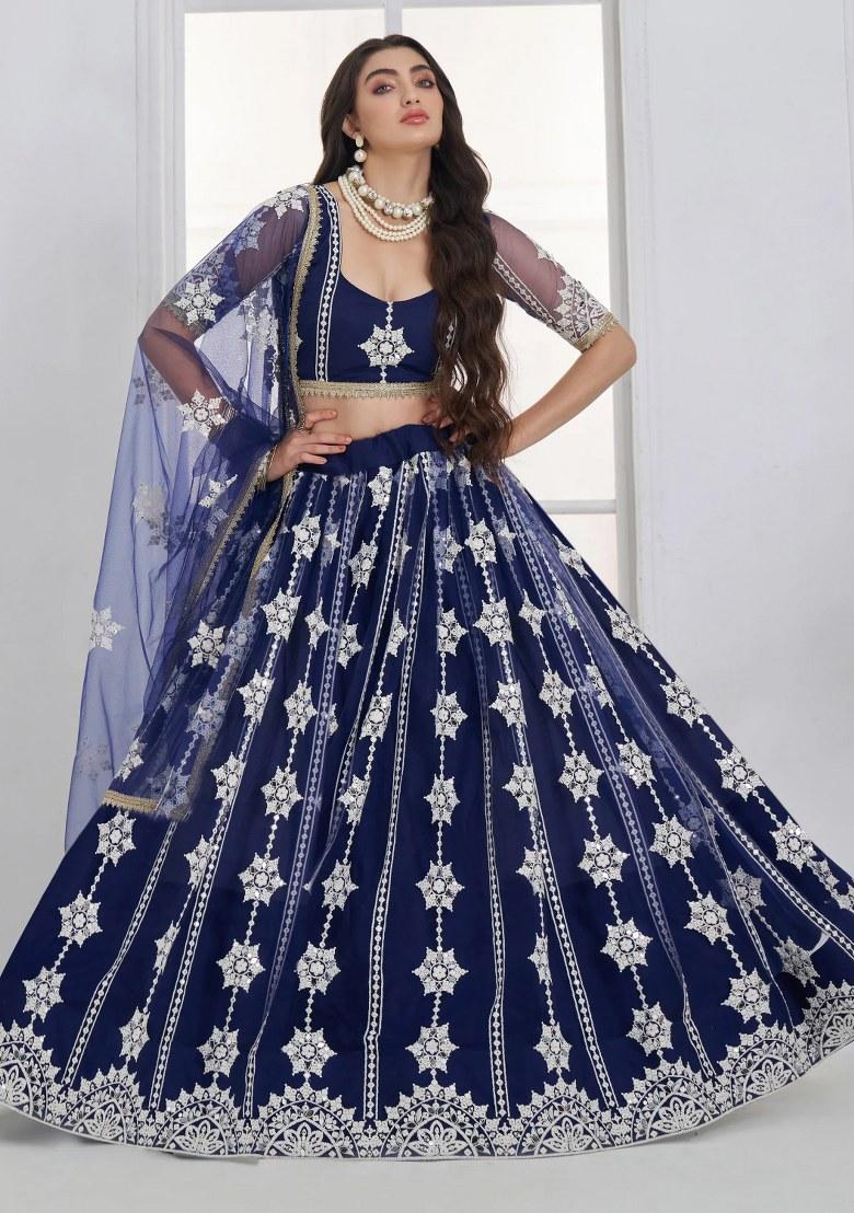 Navy Blue Embroidered Net Lehenga Set - Indya
