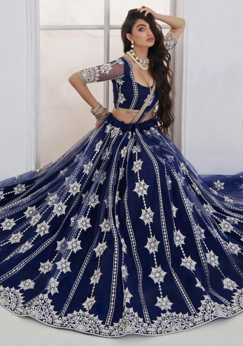 Navy Blue Embroidered Net Lehenga Set - Indya