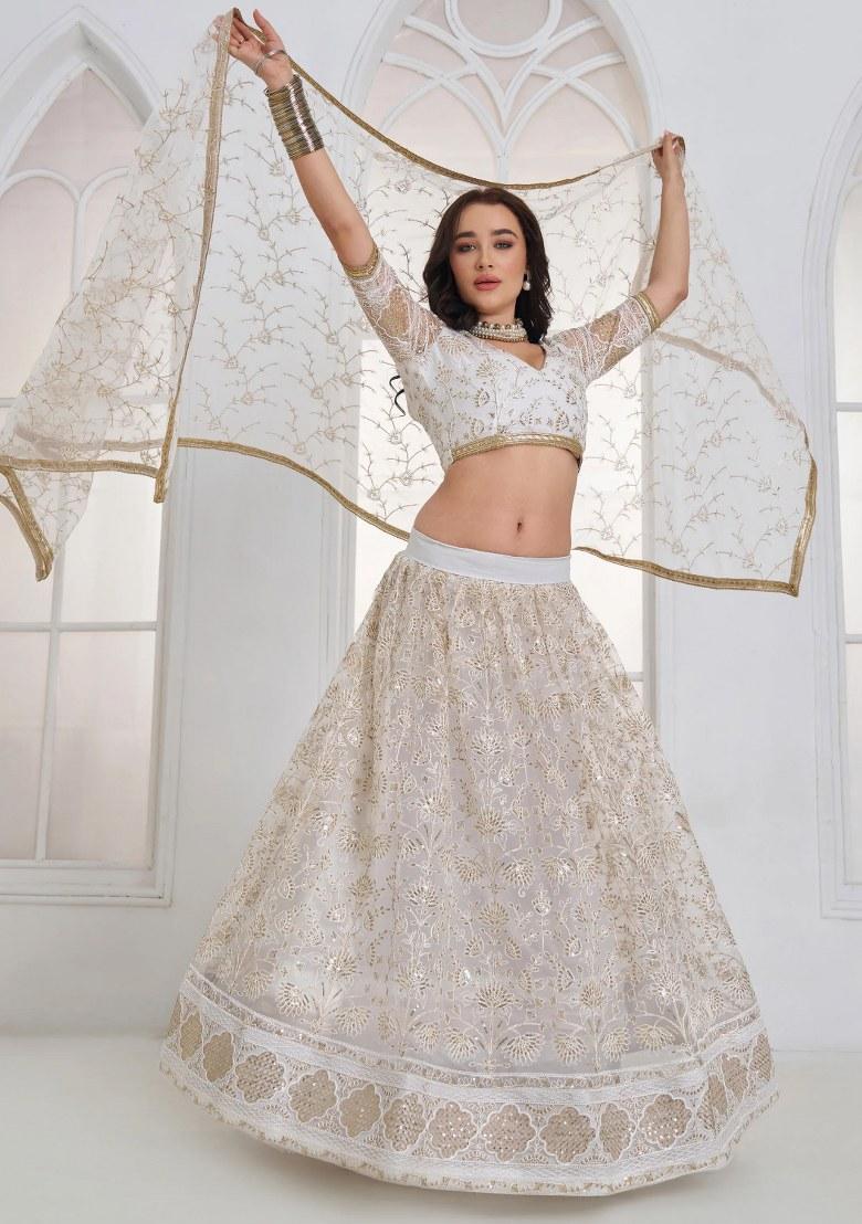 White Embroidered Net Lehenga Set - Indya