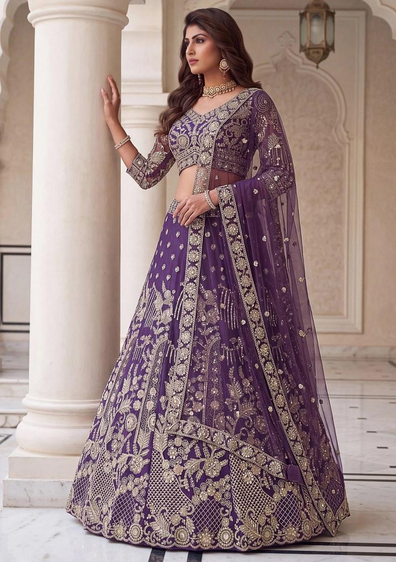 Purple Sequin Work Net Lehenga Set - Indya