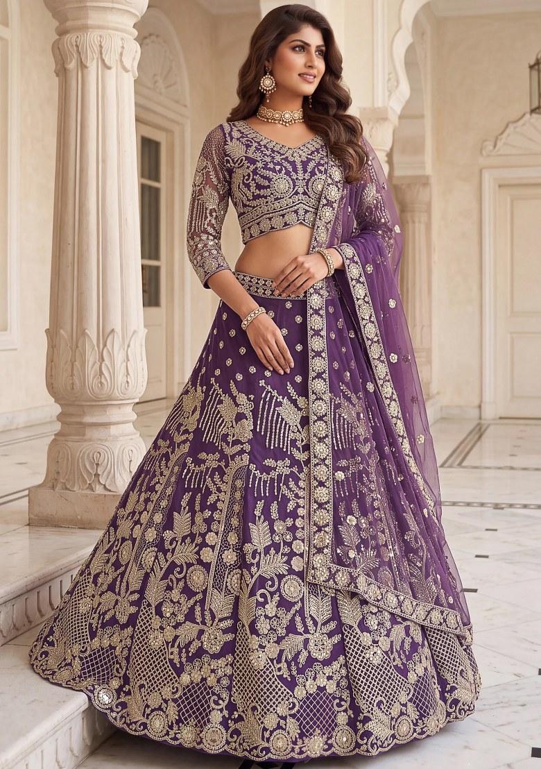 Purple Sequin Work Net Lehenga Set - Indya