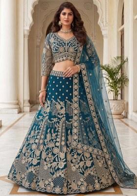 Blue Sequin Work Net Lehenga Set