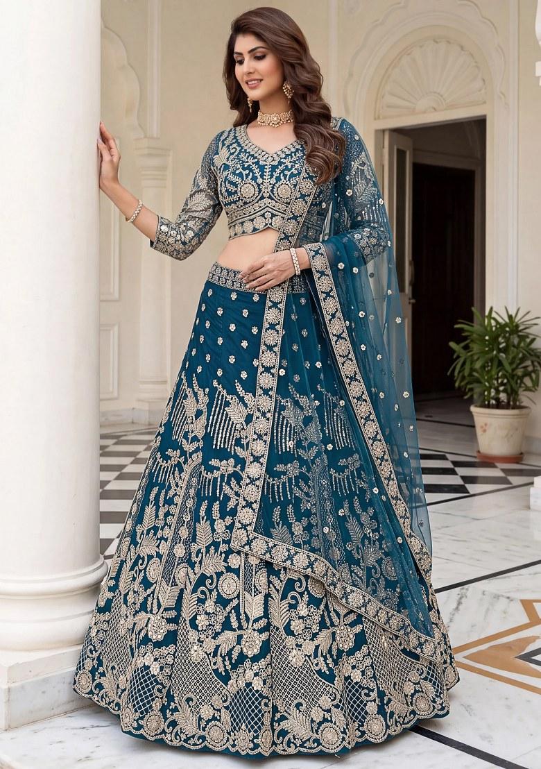 Blue Sequin Work Net Lehenga Set - Indya