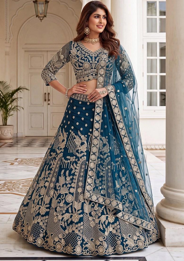 Blue Sequin Work Net Lehenga Set - Indya
