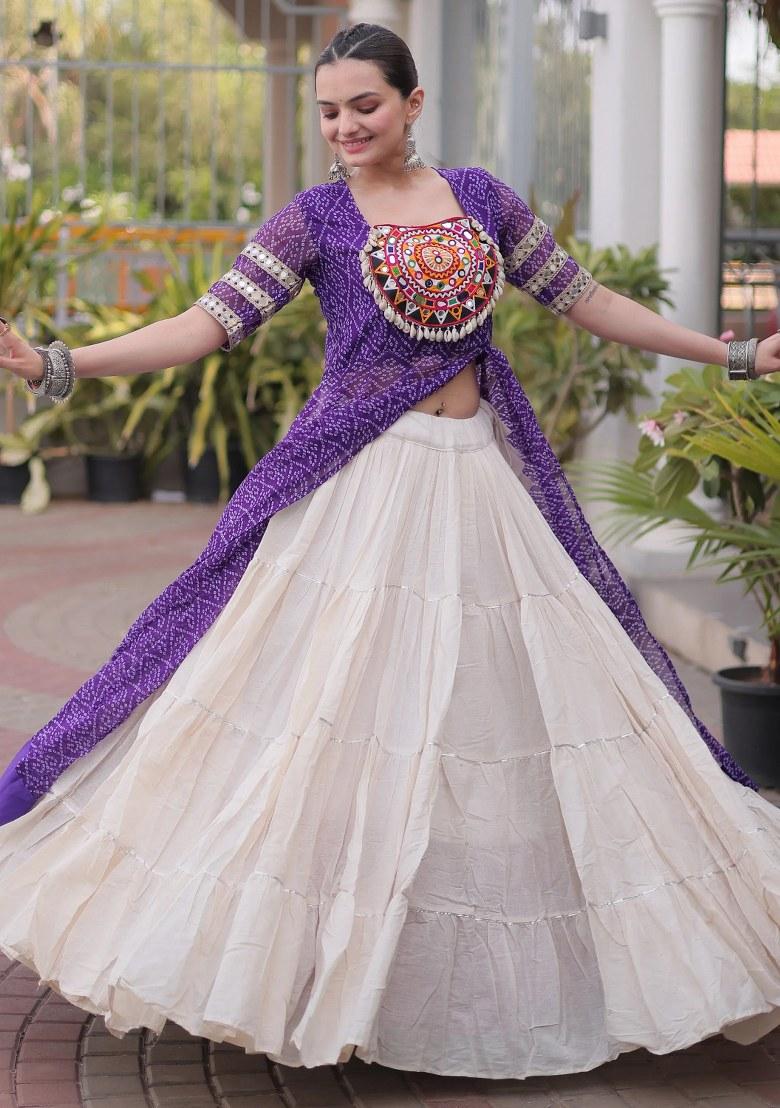 Purple Mirror Work Georgette Lehenga Set - Indya