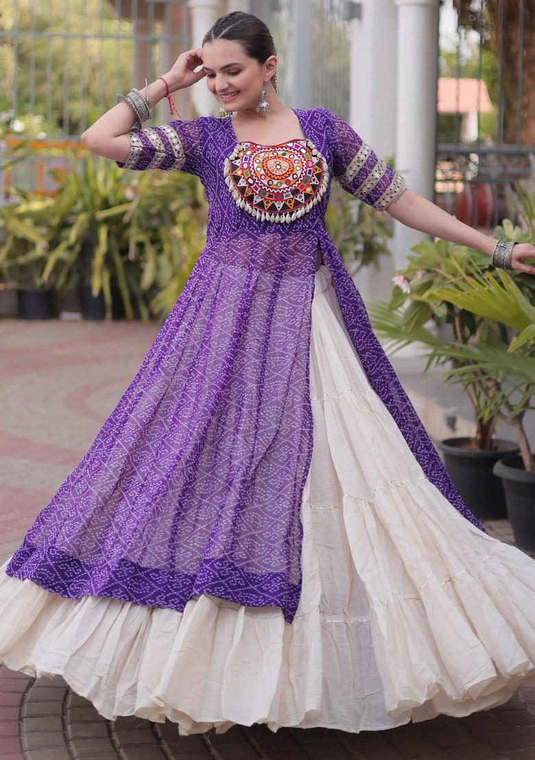 Purple Mirror Work Georgette Lehenga Set - Indya
