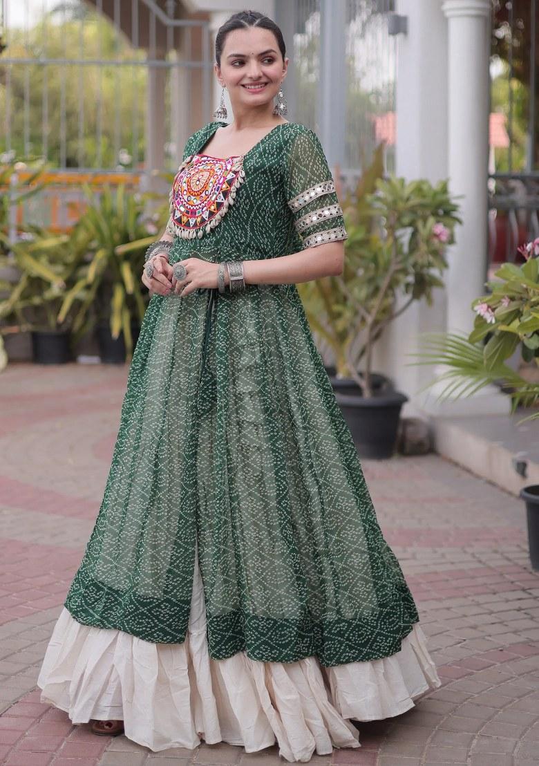Green Mirror Work Georgette Lehenga Set - Indya