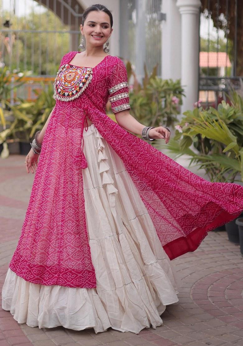 Pink Mirror Work Georgette Lehenga Set - Indya