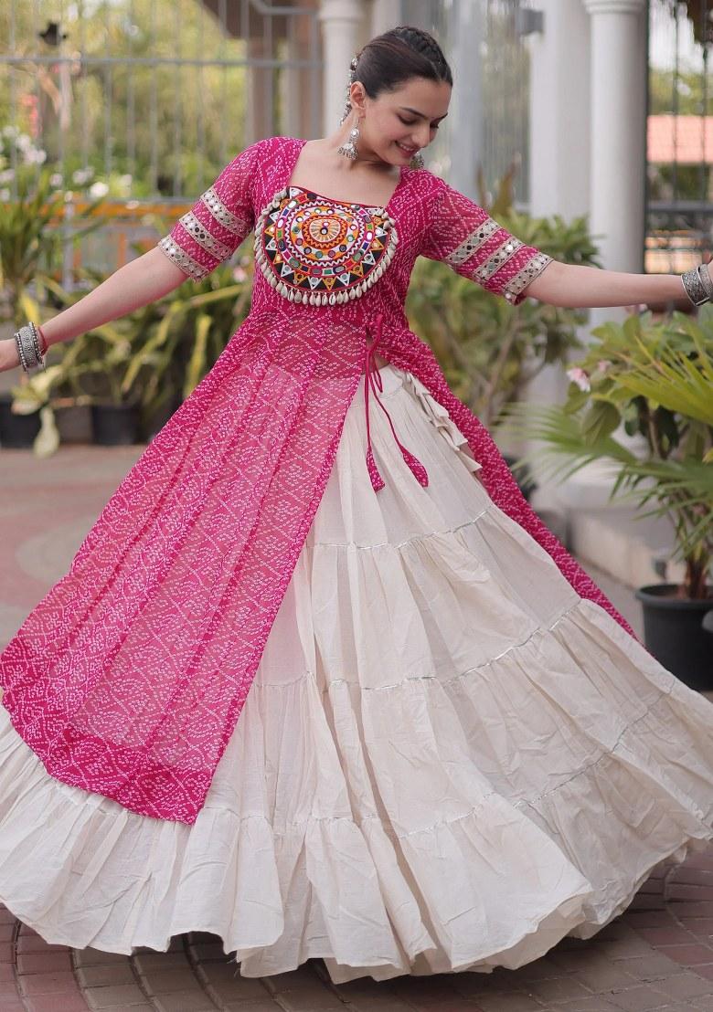 Pink Mirror Work Georgette Lehenga Set - Indya
