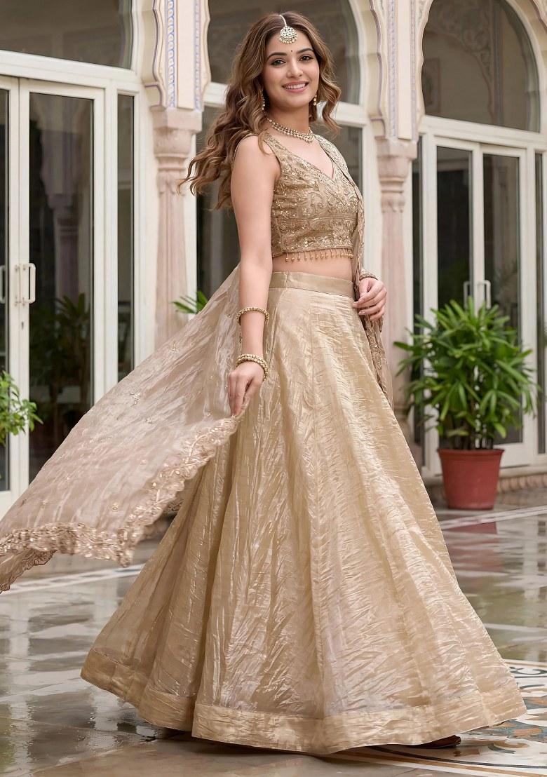 Golden Sequin Work Silk Lehenga Set - Indya