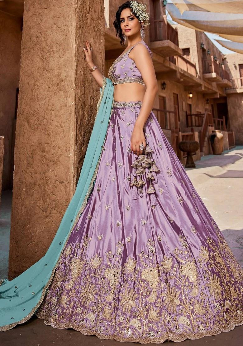 Lavender Sequin Work Silk Lehenga Set - Indya