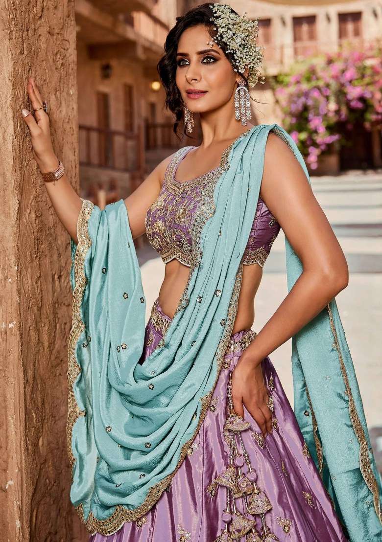 Lavender Work Silk Lehenga Set with Sequin for Diwali | Wedding & Festive Wear - Indya