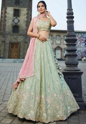 Green Sequin Work Silk Lehenga Set