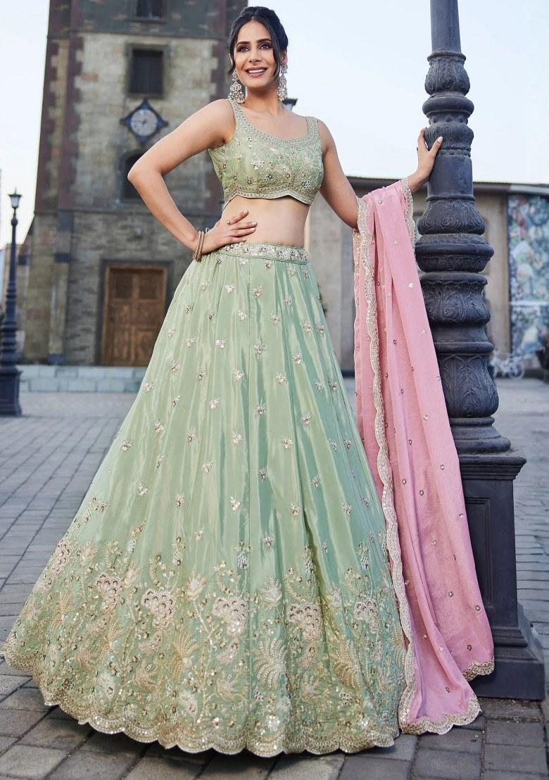 Green Sequin Work Silk Lehenga Set - Indya