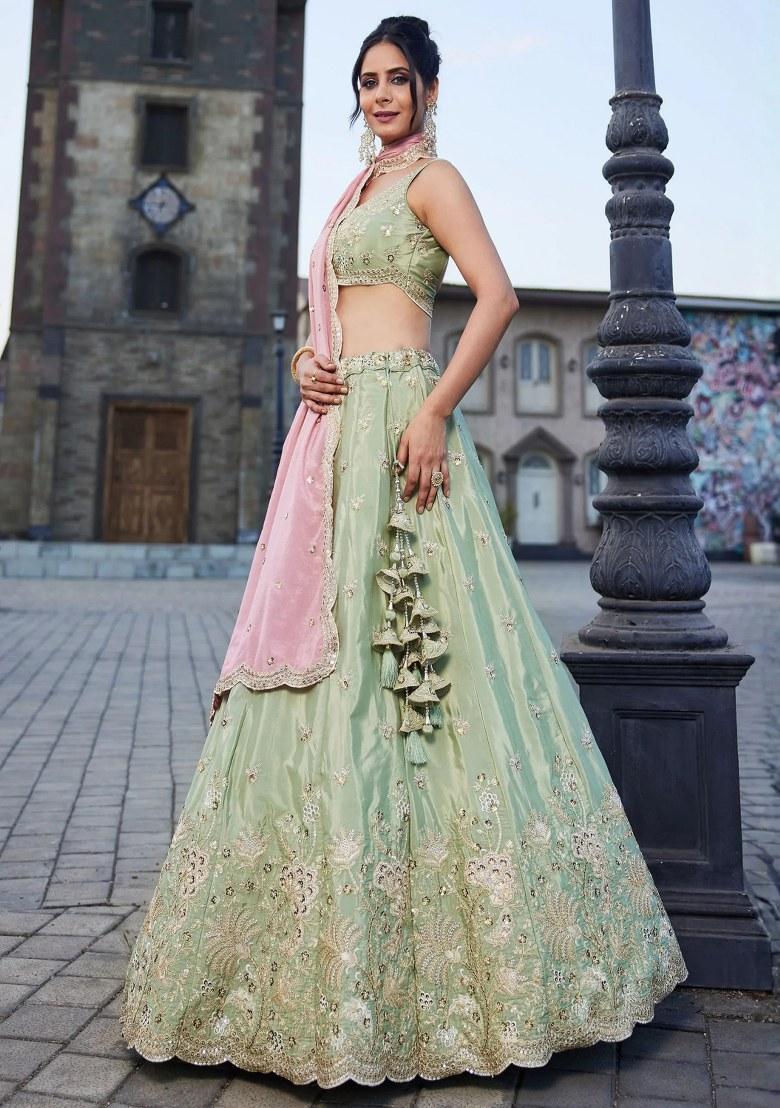 Green Sequin Work Silk Lehenga Set - Indya