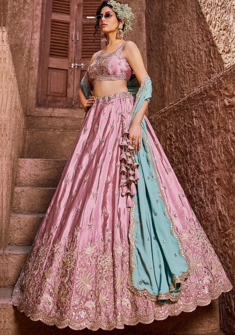 Pink Sequin Work Silk Lehenga Set - Indya