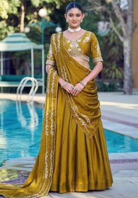 Yellow Embroidered Crushed Lehenga Set