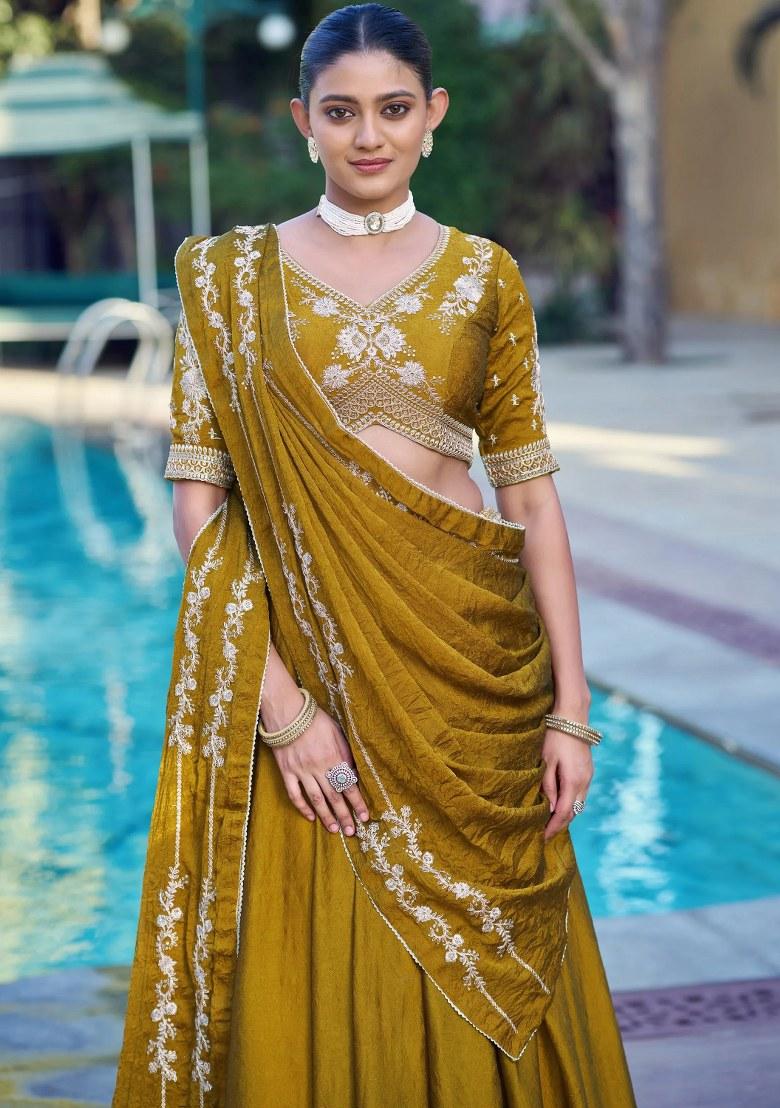 Yellow Embroidered Crushed Lehenga Set - Indya