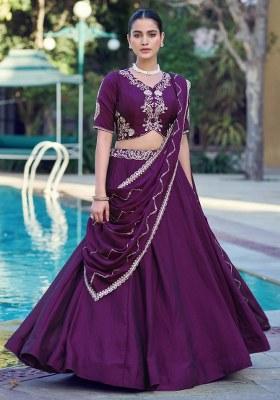 Purple Embroidered Crushed Lehenga Set
