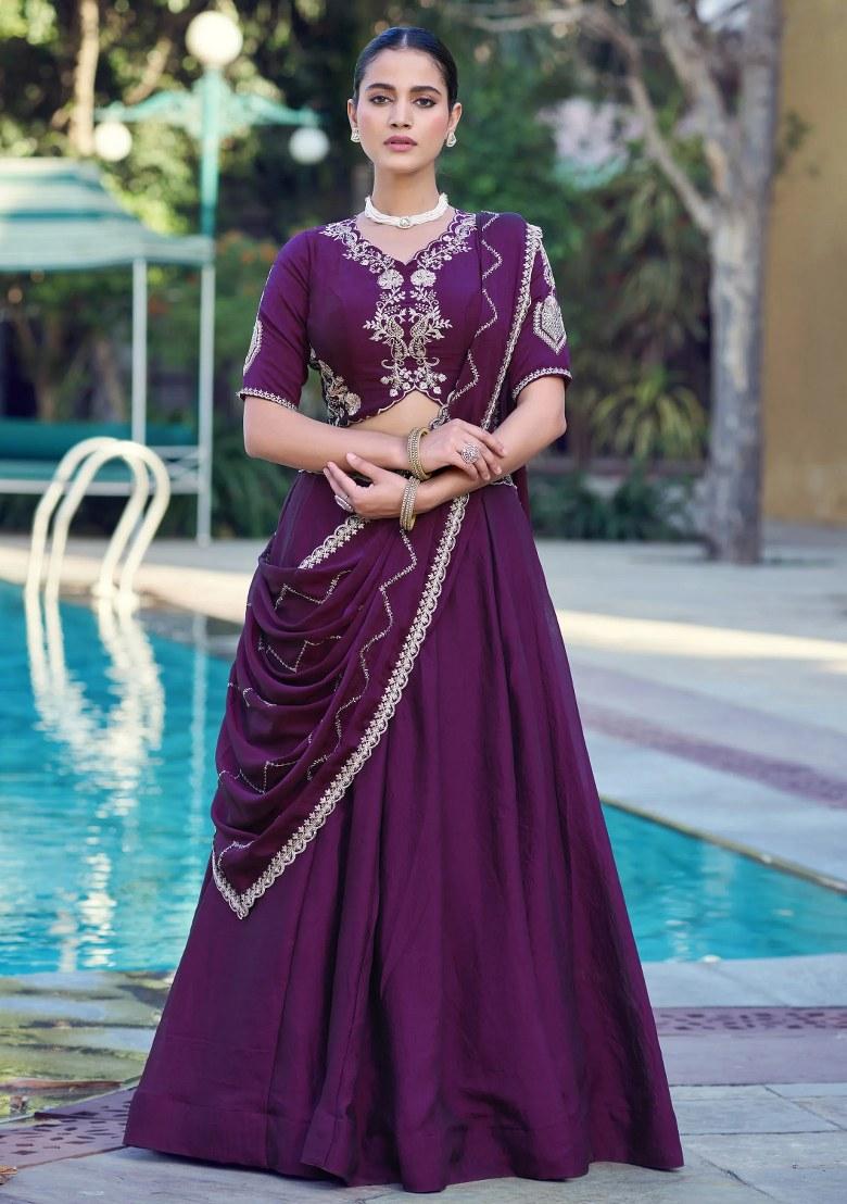Purple Embroidered Crushed Lehenga Set - Indya