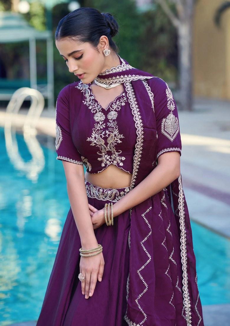 Purple Embroidered Crushed Lehenga Set - Indya