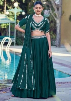 Green Embroidered Crushed Lehenga Set