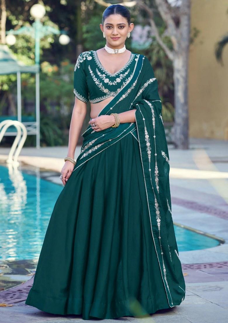 Green Embroidered Crushed Lehenga Set - Indya