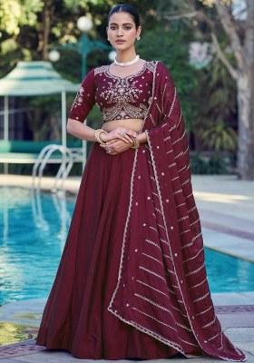 Maroon Embroidered Crushed Lehenga Set
